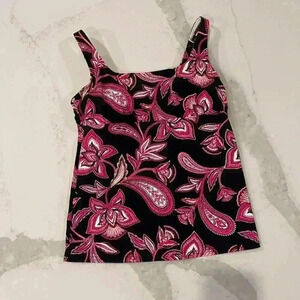 Lands End Bathing Suit Tankini Swim Top Black Pink Floral Paisley Print Womens 4